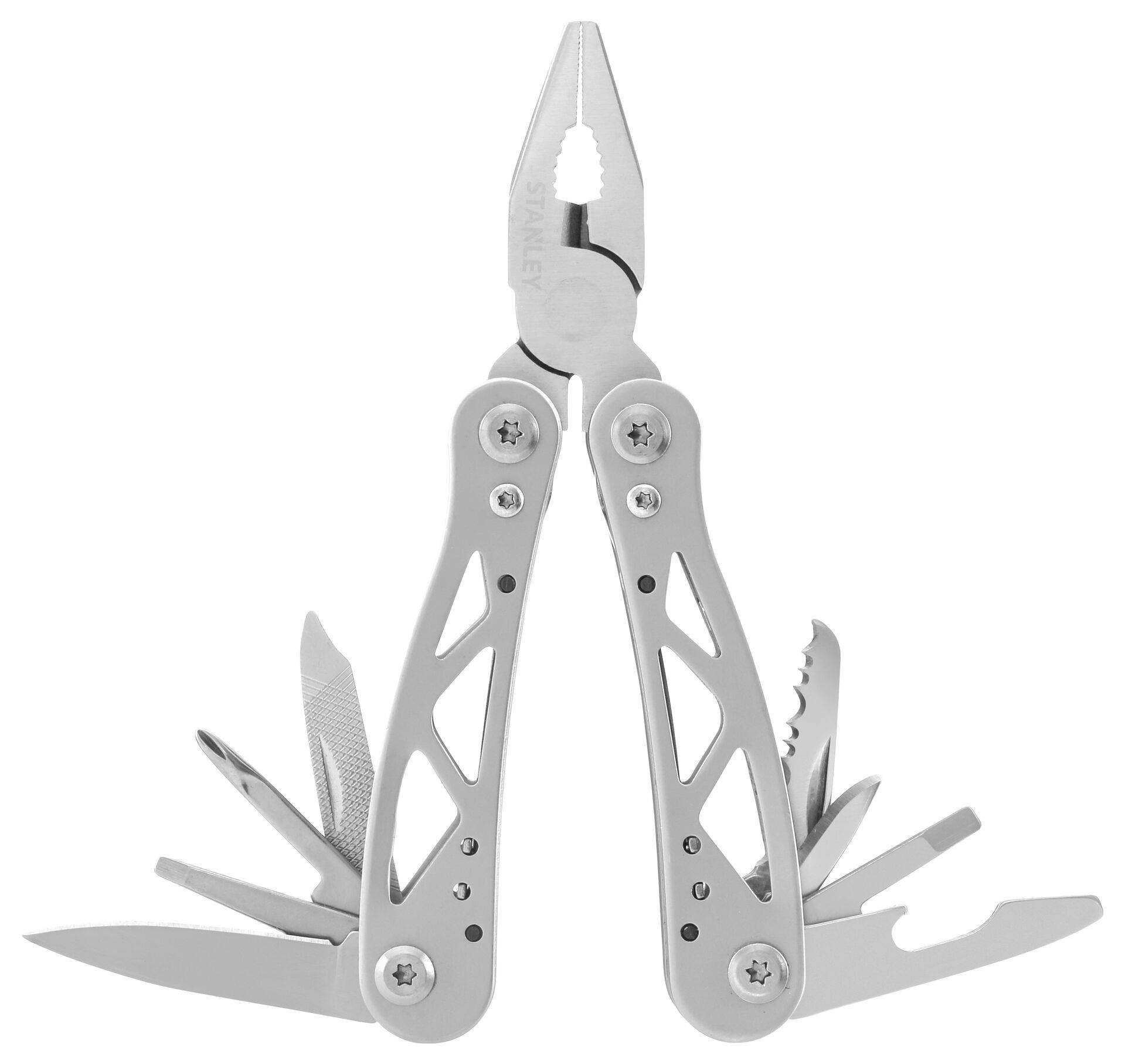 Srebrni multitool s kliještima, nožem, pilom i ostalim alatima, otvoren i spreman za upotrebu, na bijeloj pozadini.