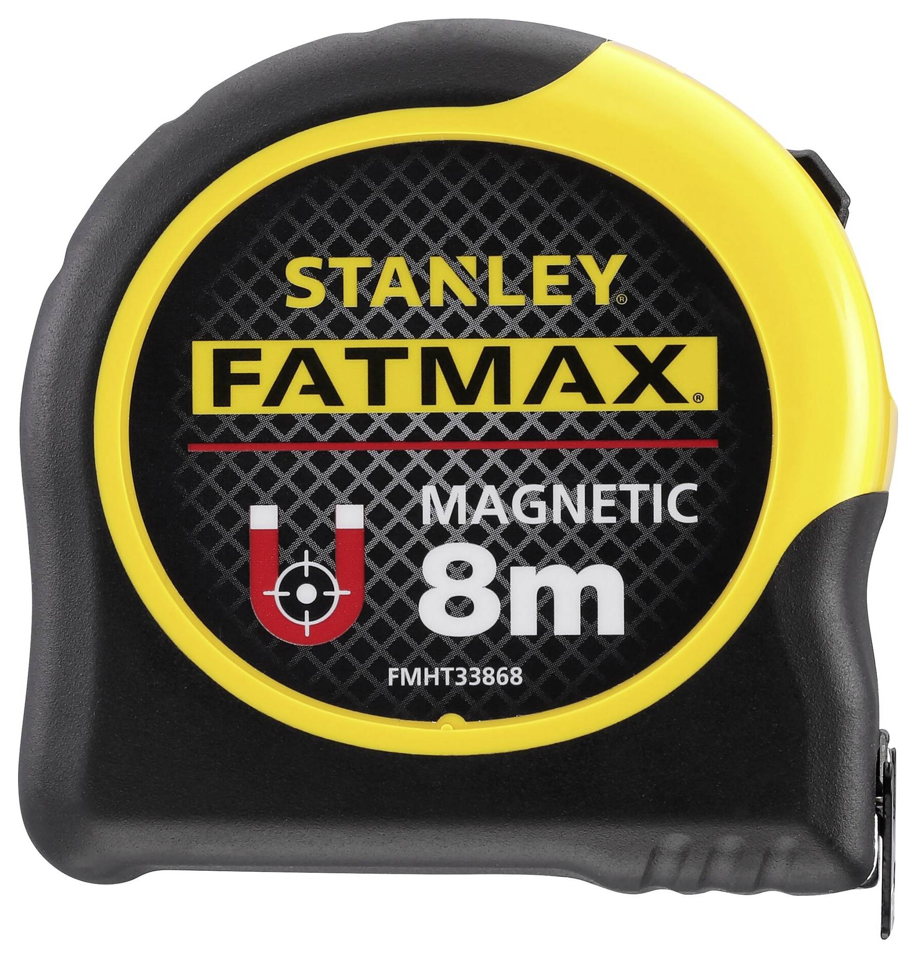 Žuti i crni Stanley FatMax metar s magnetskom funkcijom i duljinom od 8 metara.