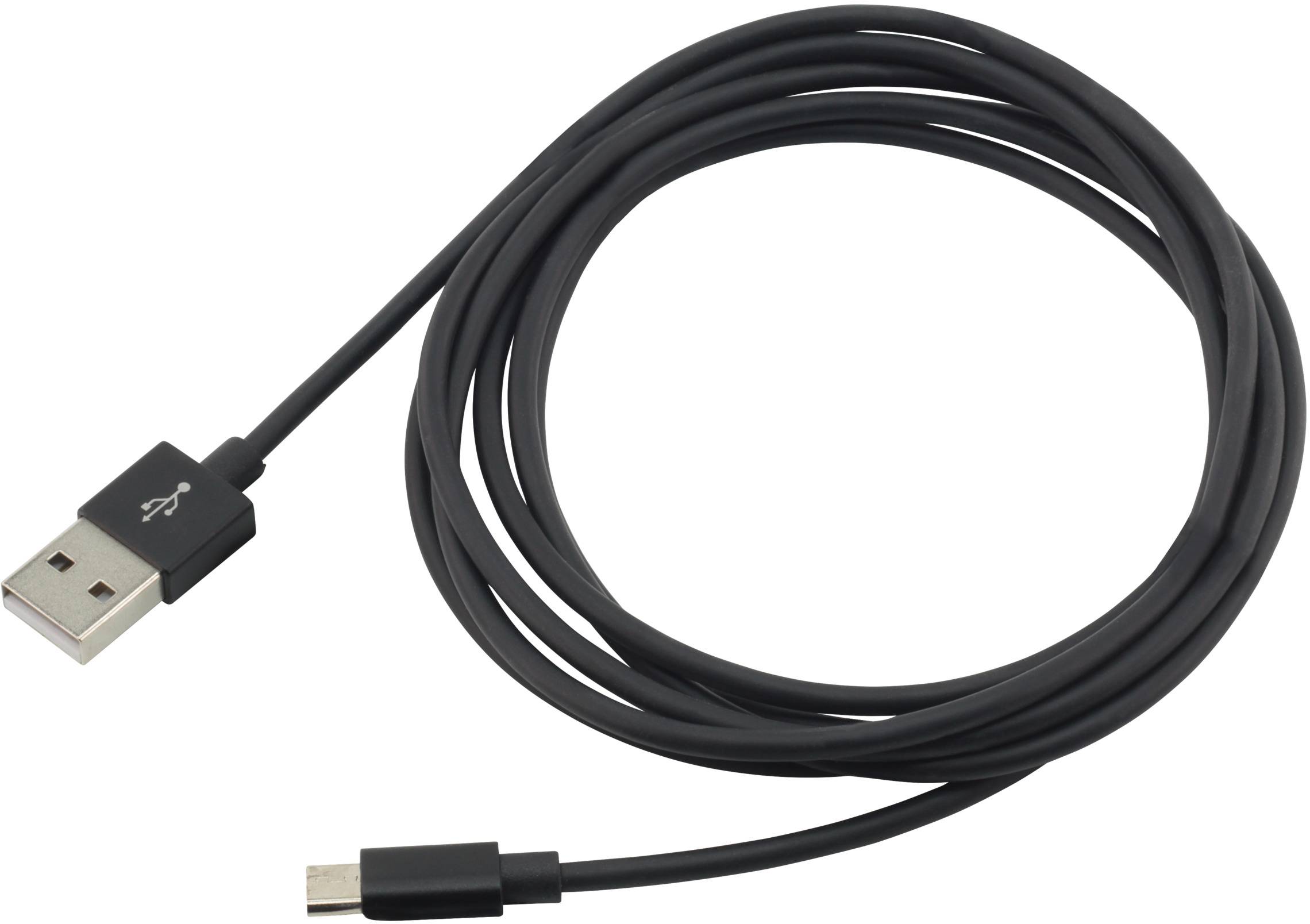 Crni USB kabel s USB-A i Micro-USB utičnicama, pogodan za punjenje ili prijenos podataka između uređaja.