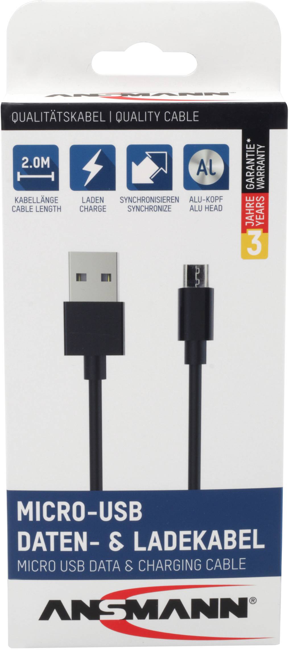 Ambalaža Ansmann Micro-USB podatkovnog & punjačkog kabela, prikazuje kabel s USB- i Micro-USB priključcima, dužine 2 metra.