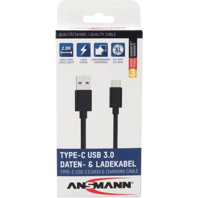 Pakiranje Ansmann USB 3.0 Tip-C podatkovnog i punjnog kabela, duljine 2 metra, kompatibilnog s funkcijama punjenja i sinkronizacije.