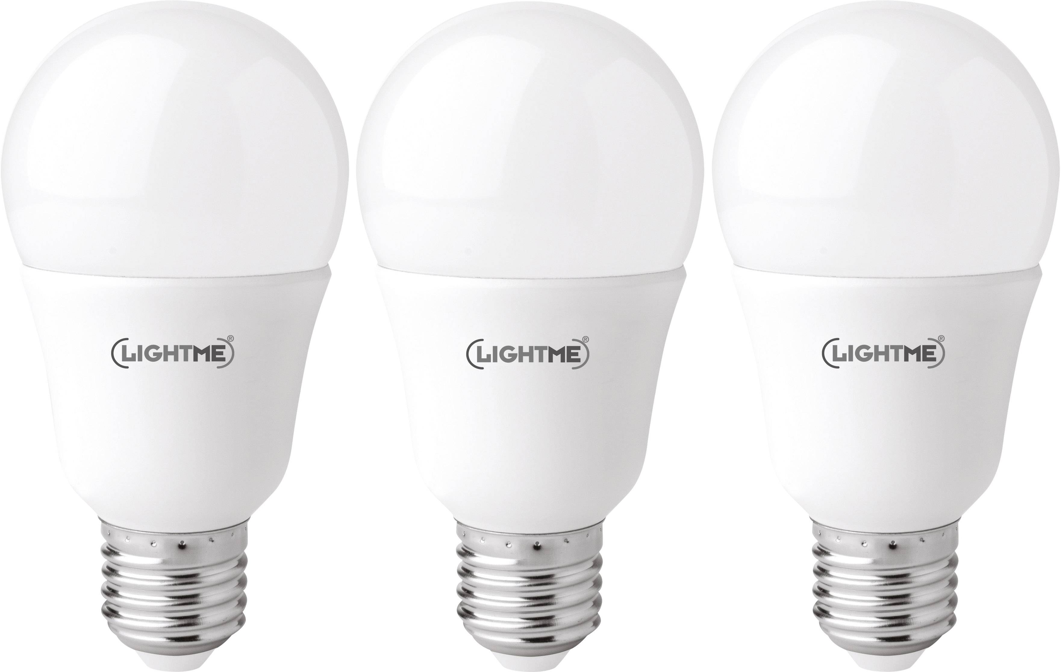 Tri bijele LED žarulje sa zavrtačem marke 'Lightme' posložene jedna do druge.