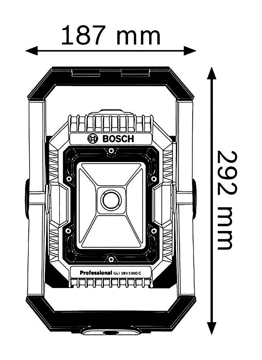 Slika prikazuje pravokutnu Bosch lampu dimenzija 187 mm x 292 mm, model GLL 18V-1000 C.