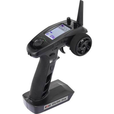 Crna radijska daljinska upravljačka jedinica s zaslonom i antenom, ergonomski oblikovana ručka i upravljačke tipke, model 'GT6 EVO'.