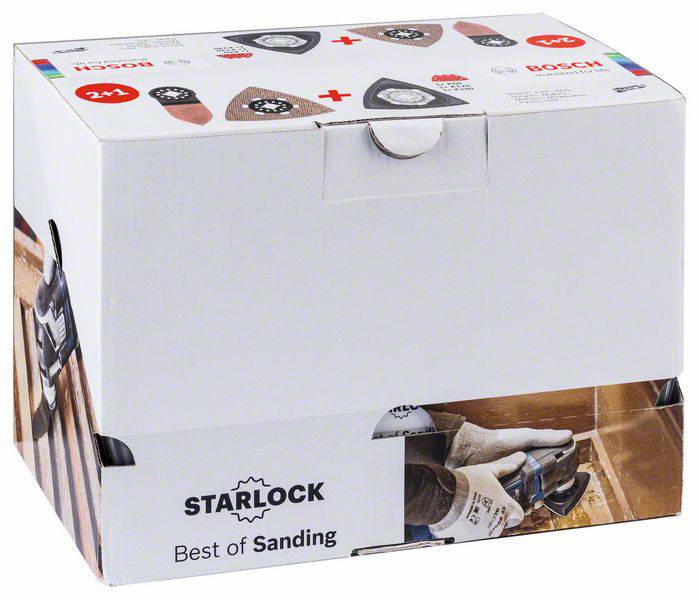 Produktna ambalaža za brušaći pribor od Starlocka. Prikazani su alati i brusni listovi. Sadrži natpis 'Best of Sanding'.