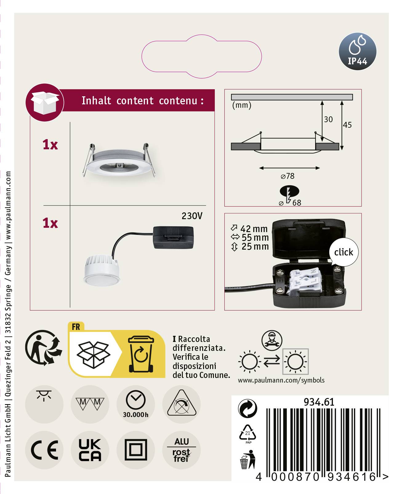 LED ugradbena svjetiljka 230V, Ø78 mm, IP44, podesiva. Uključuje napajanje s kabelom (25 mm). Pogodna za vlažne prostorije. Sadrži 1x LED svjetiljku, upute za montažu.