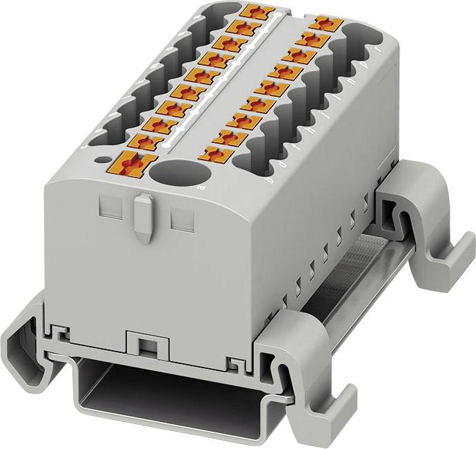 Sivi, višepolni redni stezaljka blok s narančastim tipkama na nosačkoj šini, pogodan za električne spojeve.