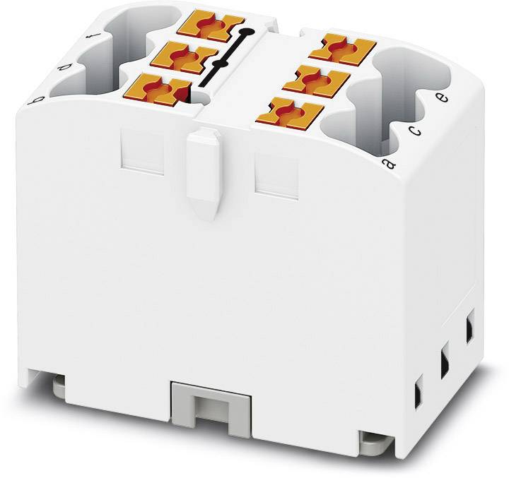 Bijeli plastični utikač s više priključnih točaka i narančastim polužnim mehanizmima za spajanje električnih kabela.