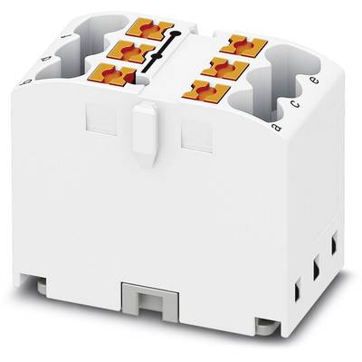 Bijeli plastični utikač s više priključnih točaka i narančastim polužnim mehanizmima za spajanje električnih kabela.