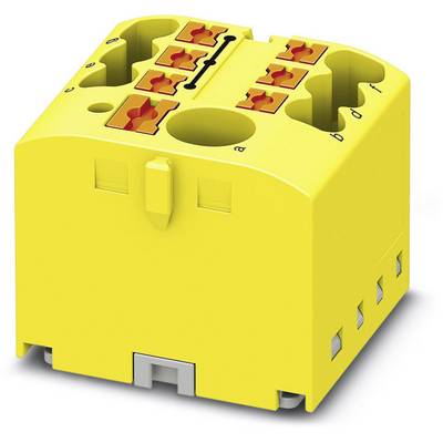 Žuti električki priključni modul s više priključnih točaka i vijčanim stezaljkama, označen slovima 'a' i 'b'.