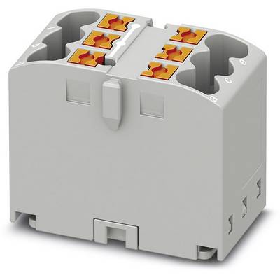 Sivi električni blok konektora s nekoliko narančastih stezaljki za spajanje žica, simetričnog dizajna.