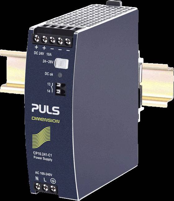 Plava napajanja s natpisom "PULS DIMENSION" instalirana na DIN šini. Ulazno područje: AC 100-240V, izlaz: DC 24V, 10A.