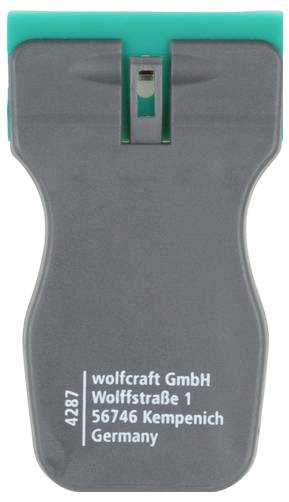 Sivi rukohvat Wolfcraft alata s oštricom gore; adresa tvrtke dolje: 'wolfcraft GmbH, Wolfstraße 1, 56746 Kempenich, Njemačka'.