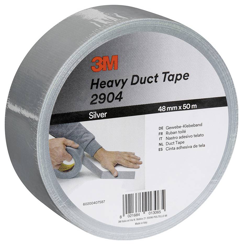 Rola 3M Heavy Duct Tape 2904, srebrna, 48 mm x 50 m, s proizvodnom naljepnicom i bar kodom.