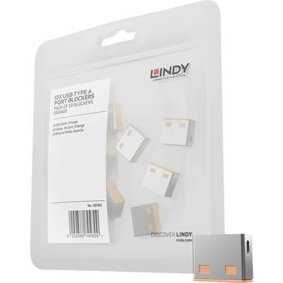 LINDY paket od 10 narančastih blokatera USB Type A priključka, prikazan u prozirnoj viseću kešu s etiketom proizvoda i vidljivim malim blokaterima.