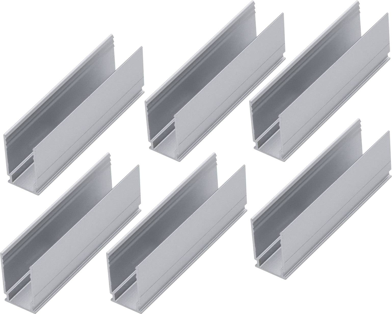 Šest srebrnih aluminijskih profila raspoređeno je u dva reda po tri komada. Oni su identični i imaju U-oblik.
