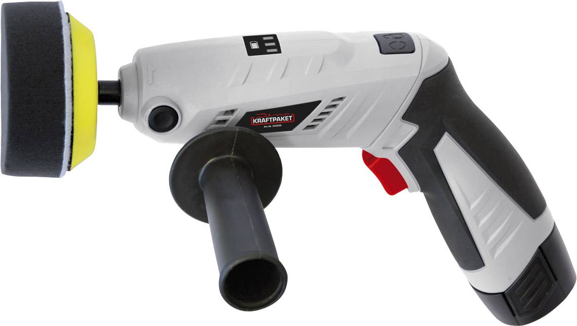Bijelo-sivi ručni polirač s crnom ručkom i žutim nastavkom za poliranje, pogodan za poliranje automobila i radove u radionici.