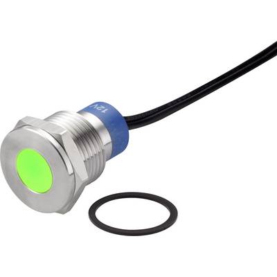 Zeleni LED-priključni prekidač s metalnim okvirom i crnim kabelom; pored njega leži crni brtveni prsten.