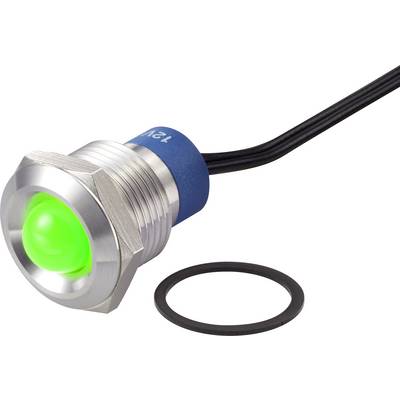 Metalni LED indikator sa zelenim osvjetljenjem, označen sa 12V, pored crnog brtvenog prstena, spojen crnim kabelom.