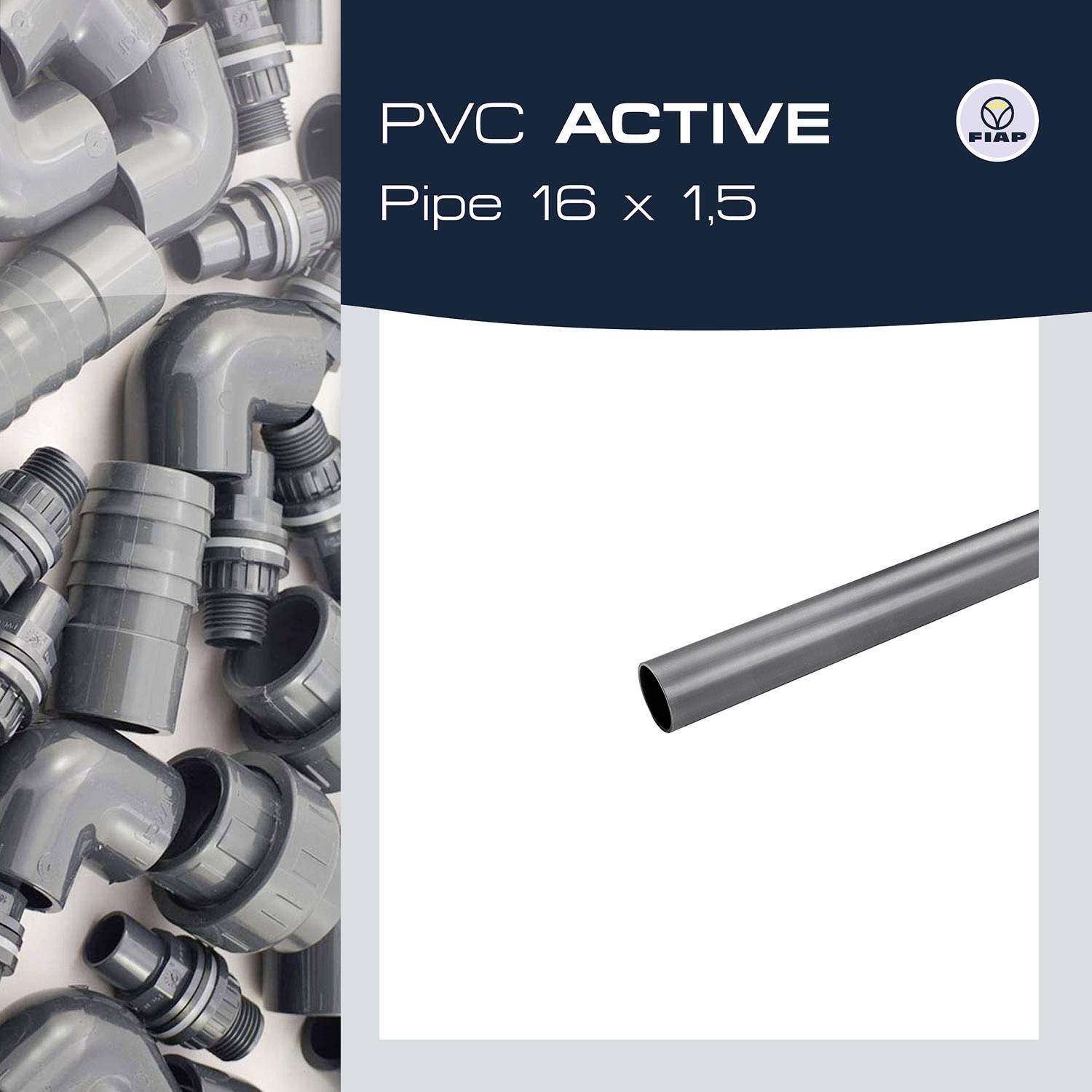 'PVC ACTIVE' natpis: 'Cijev 16 x 1,5', prikazuje glatku PVC cijev, okruženu sivim kutnim spojevima, slika pripada marki FIPAB.