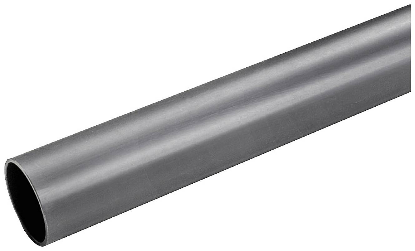 Sivo PVC cijev, cilindričnog oblika, glatka, za odvodnju ili zaštitu kablova.
