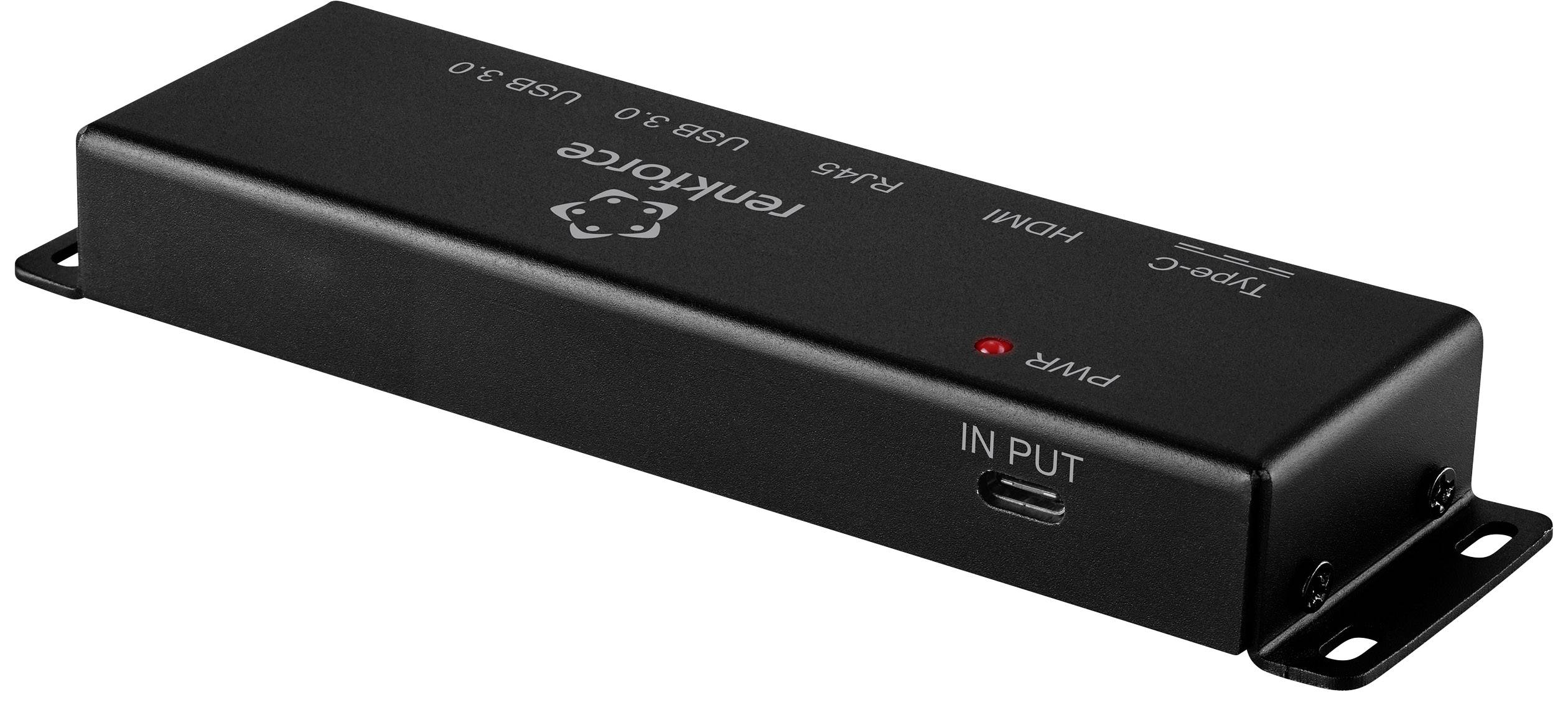 Crni USB hub marke 'Tenkforce' s više priključaka: USB 3.0, USB-C i HDMI.