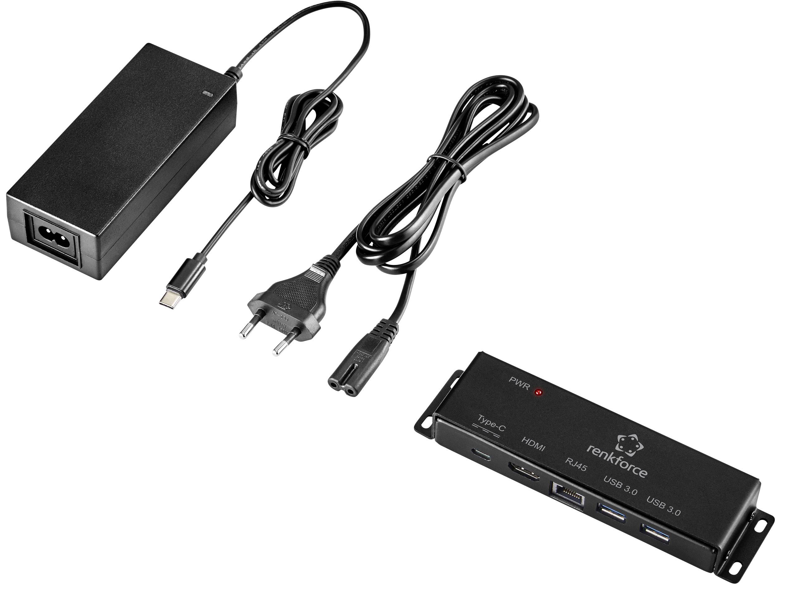 Crni mrežni adapter, mrežni kabel i crni USB hub s različitim priključcima i natpisom 'renkforce'.