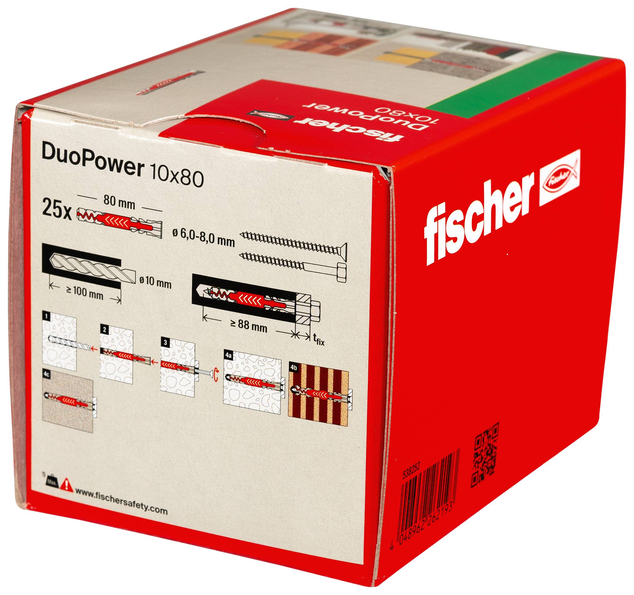Red Fischer DuoPower 10x80 kutija za zidne ankerze s diagramom proizvoda, specifikacijama veličine i ilustracijama za instalaciju.
