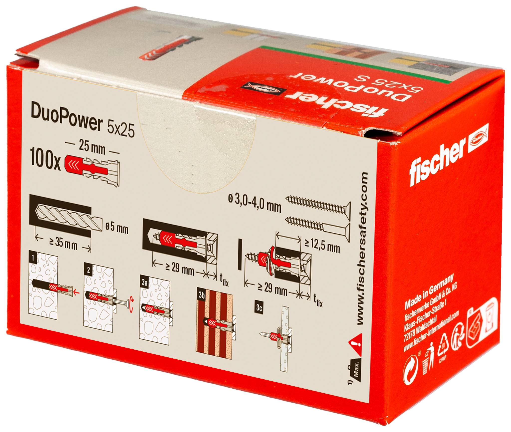 Fischer DuoPower 5x25 kutija sa zidnim čepovima s prikazima za instalaciju, veličina 100x, za sidrene čepove i vijke od 25 mm.