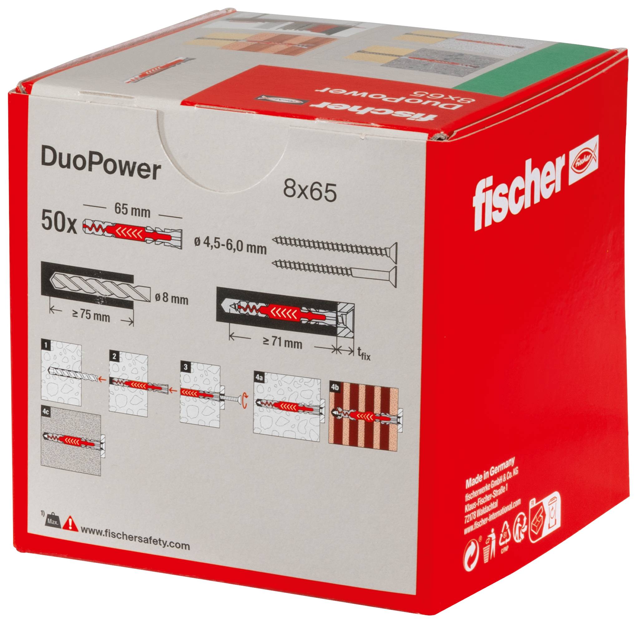 Fischer DuoPower 8x65 paket zidnih čepova, sa prikazom 50 čepova i dijagramima instalacije na kutiji.