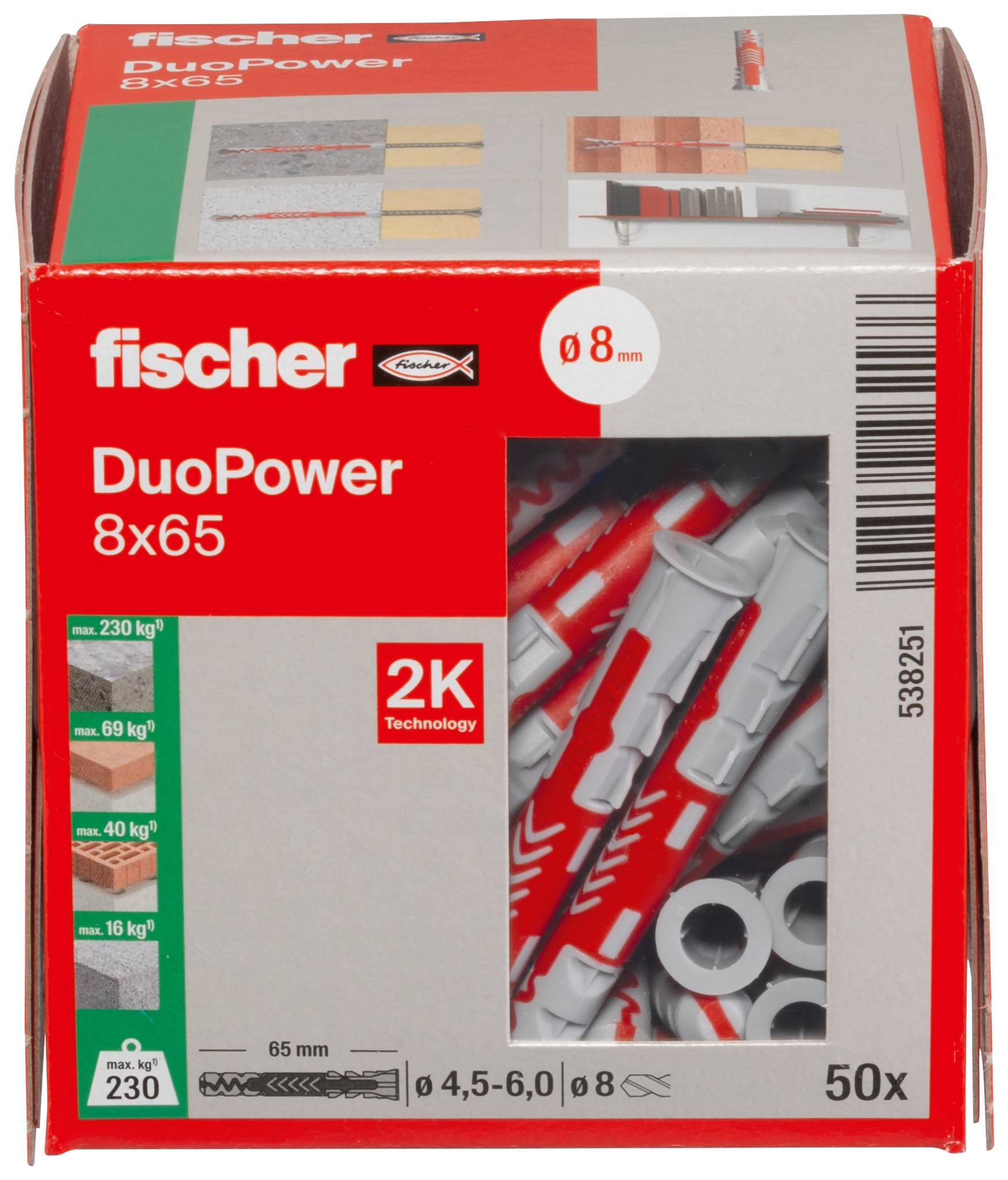 Kutija fischer DuoPower 8x65 klinova za zid, koja pokazuje crvene i sive sidre s oznakom 50-pack i veličinom bušenja 8 mm.