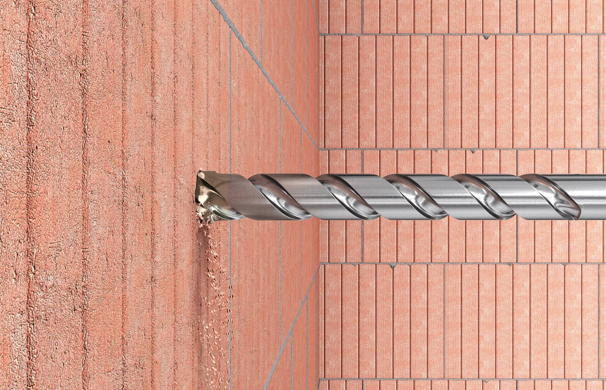 Metalna svrdla koja horizontalno bušenja u crvenoj opečnoj zidu, s prašinom na mjestu ulaska.