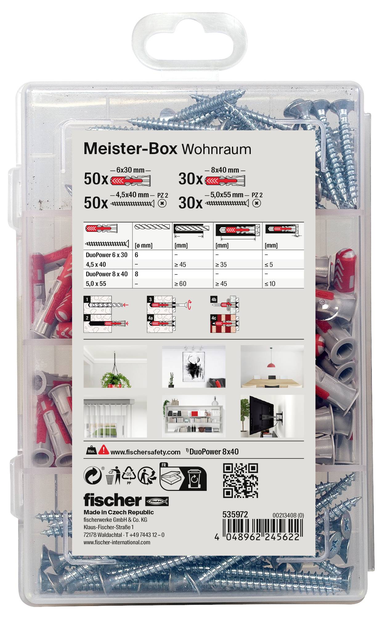 Meister-kutija sa šarafima i tipslama za stambene prostore. Sadrži 50 tipli 6x30 mm, 30 šarafa 8x60 mm. Upute za upotrebu prikazane su na slici.