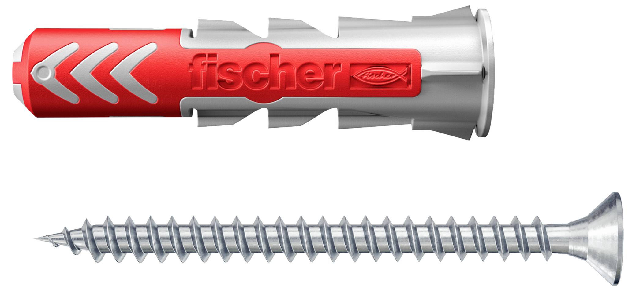 Tipla i vijak, oba od metala. Tipla ima crvene elemente s natpisom 'fischer'.
