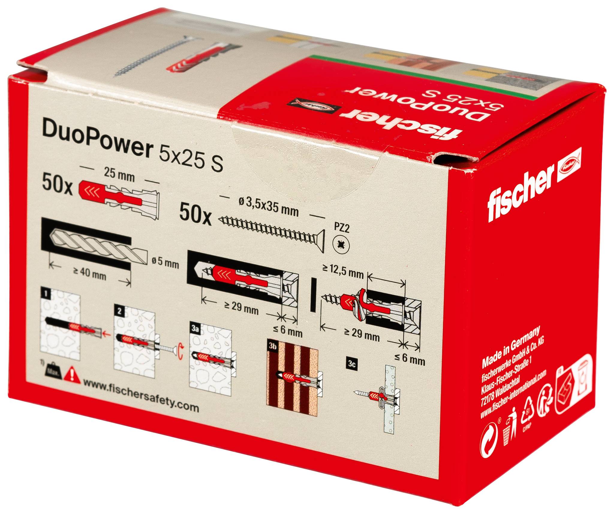Kutija Fischer DuoPower 5x25 S čvrstoća zidova sa vijcima, prikazujući naziv proizvoda, količine, dimenzije i korake instalacije na pakiranju.