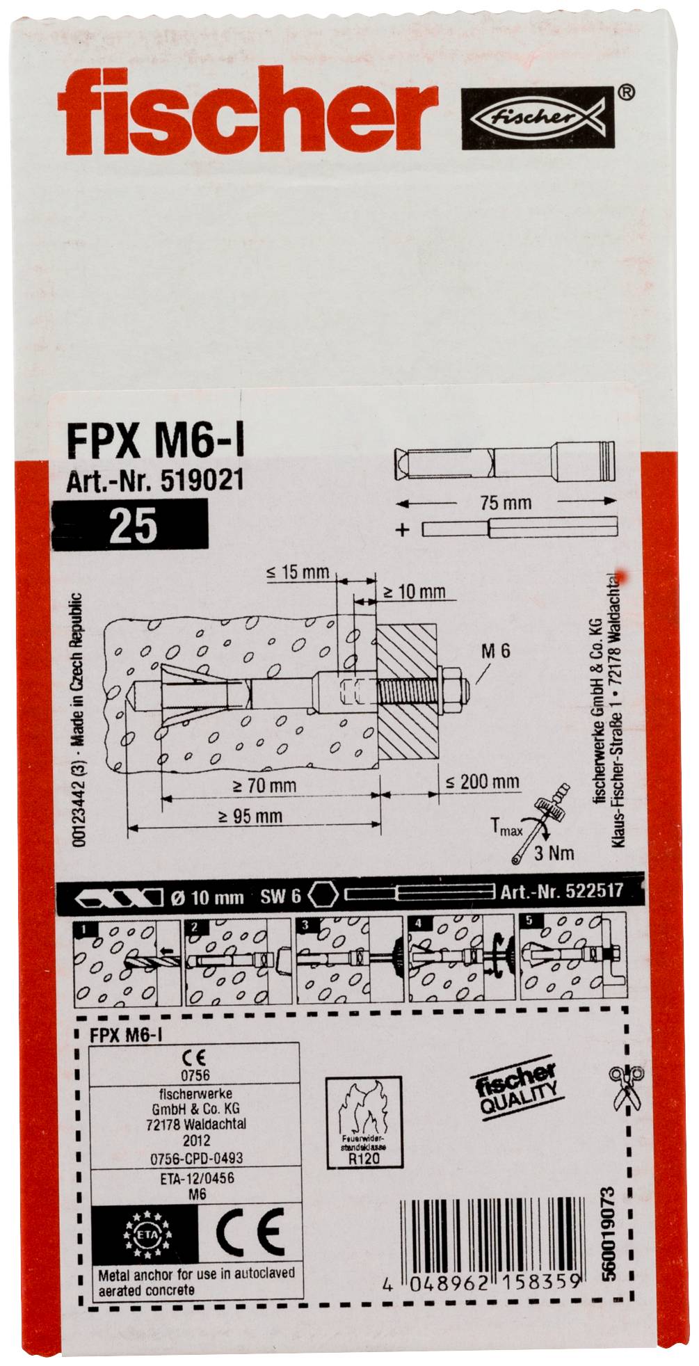 Fischer FPX M6-I paket sidara, bijela torba s dijagramom proizvoda, dimenzije, količina 25, CE oznaka i barkod.