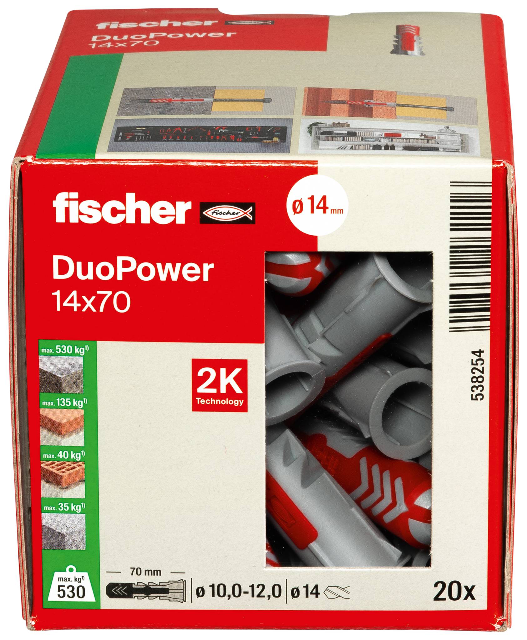 Fischer DuoPower 14x70 pack zidnih sidara, 20 komada, s promjerom od 14 mm i 2K tehnologijom prikazanom na kutiji.