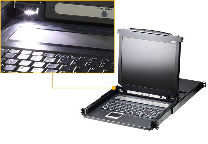 Sklopivi LCD rack konzolni prekidač prikazuje otvoreni zaslon i potpunu tipkovnicu. Osvjetljene tipke su istaknute.