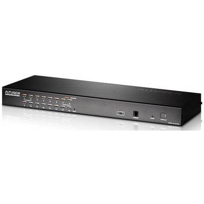 Crni srebrni KVM preklopnik s više priključnih portova na prednjoj strani, pogodan za upravljanje više računala s jednog radnog mjesta.
