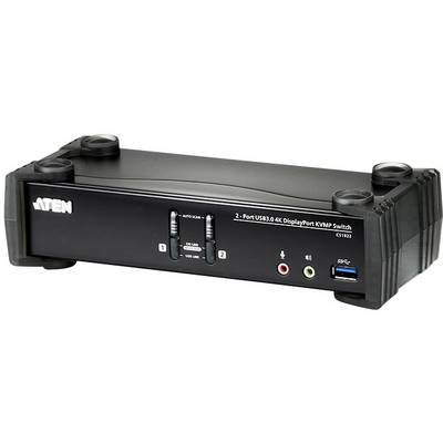 USB 3.0 4K DisplayPort KVMP-Switch s dva porta i tipkama za odabir izvora ulaza. Uključuje priključke za audio i USB uređaje.