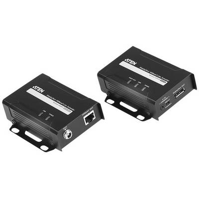 Dvije crne ATEN jedinice s HDMI produživačem. Svaka jedinica ima priključke na prednjoj strani; jedna ima Ethernet port, druga HDMI izlaz.