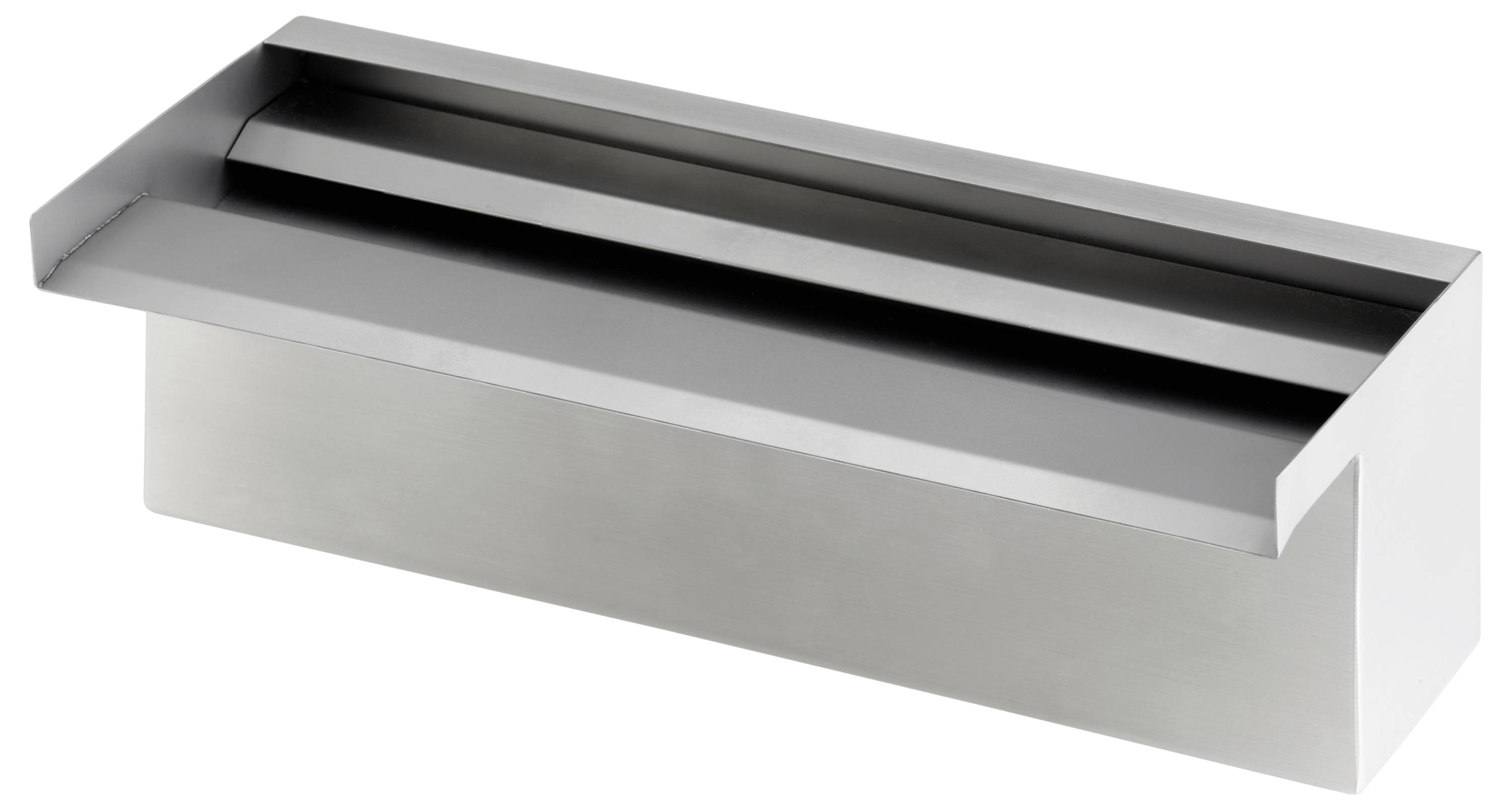 Pravokutni preljevni brod od nehrđajućeg čelika, dizajniran za jednoličan protok vode u vodenim objektima, sa širokim izlazom i elegantnim završetkom.