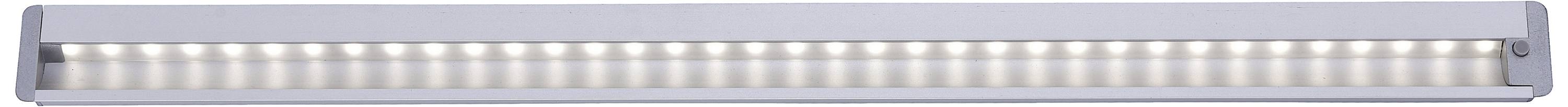 Izdužena LED traka s mnogo malenih, svijetlećih dioda, ravномjerno raspoređenih u srebrenom metalnom kućištu.