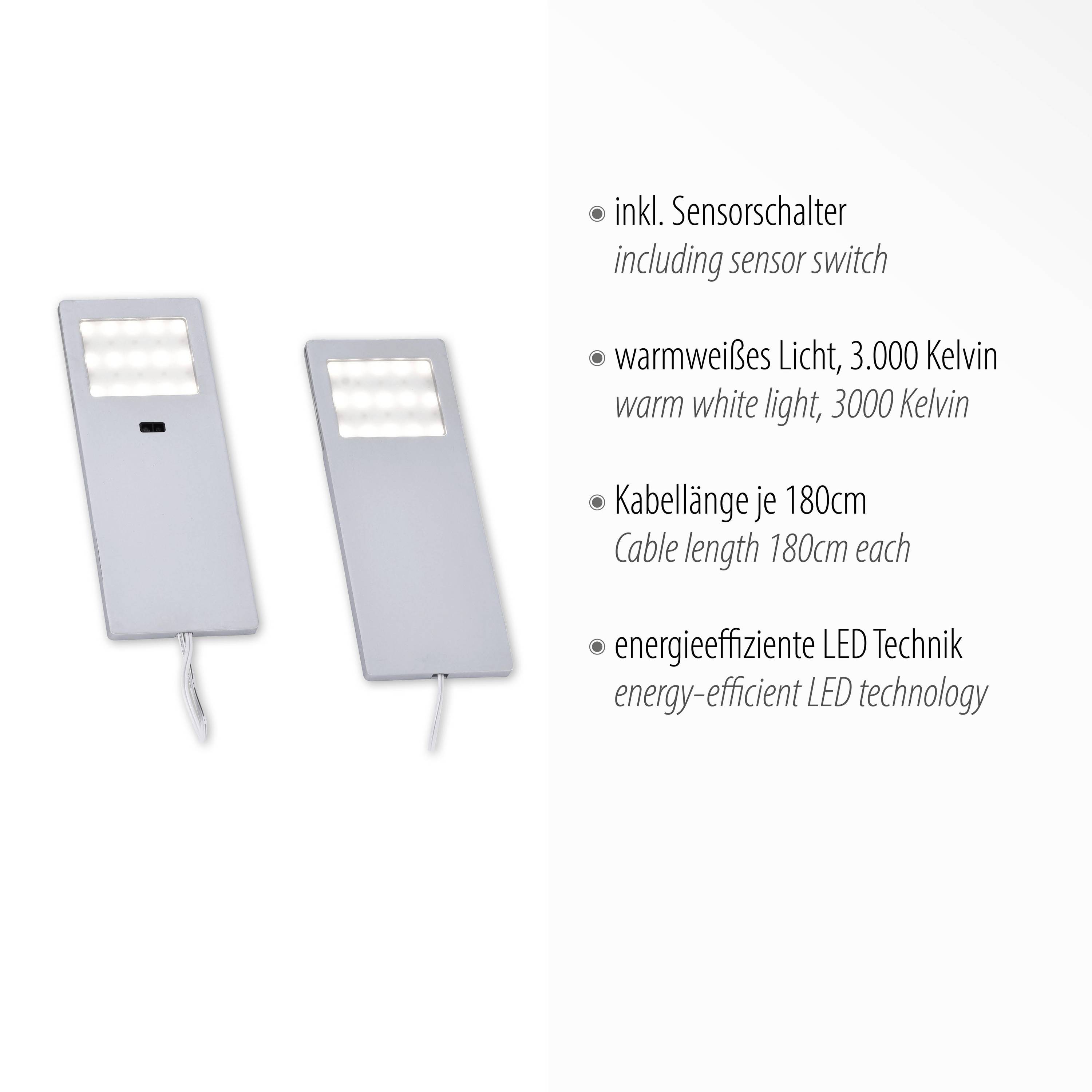 Dvije pravokutne LED svjetiljke sa senzorom, toplo bijelo svjetlo temperature 3000 Kelvina, kabel duljine 180 cm, energetski učinkovita tehnologija.