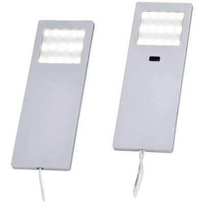 Dvije pravokutne LED lampe od sive materije, jedna s manjom rupom. Obje s vidljivim kabelima.