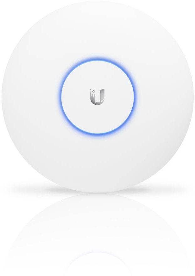 Bijeli, okrugli WLAN router s plavim LED prstenom i logotipom 'U' u sredini na bijeloj pozadini.