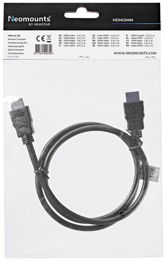 Neomounts HDMI kabel, 1,8 m, u originalnom pakiranju, pogodan za monitore i projektore, prikazuje podatke o proizvodu i dimenzije.