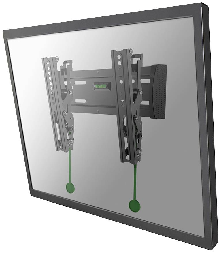 Sustav zidnog nosača za televizore ili monitore, prikazan u bočnoj perspektivi, montiran na zid, s integriranom libelo.