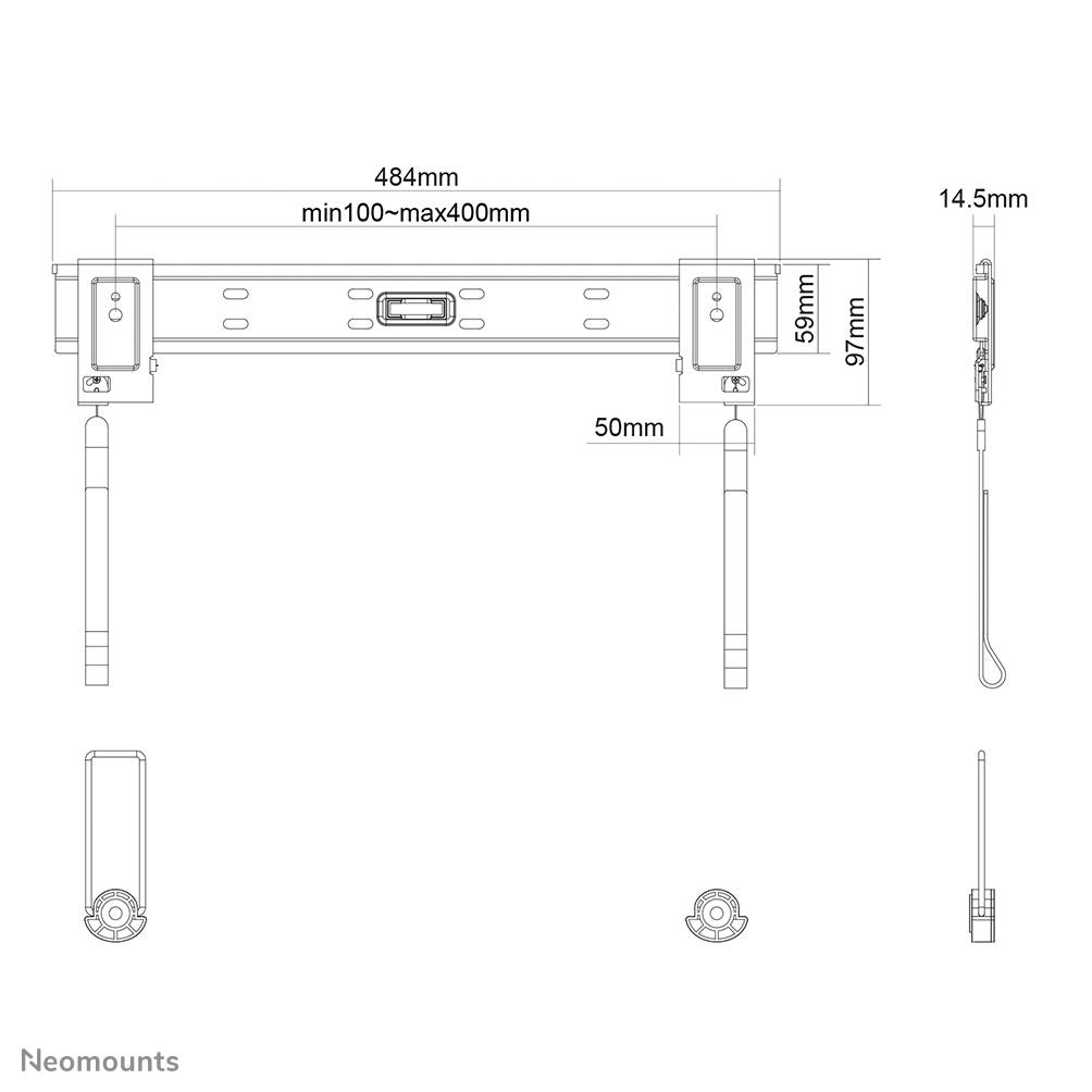 Tehnički nacrt zidnog nosača s dimenzijama: širina 484 mm, visina 97 mm, dubina 14,5 mm. Raspon montaže: 100-400 mm.