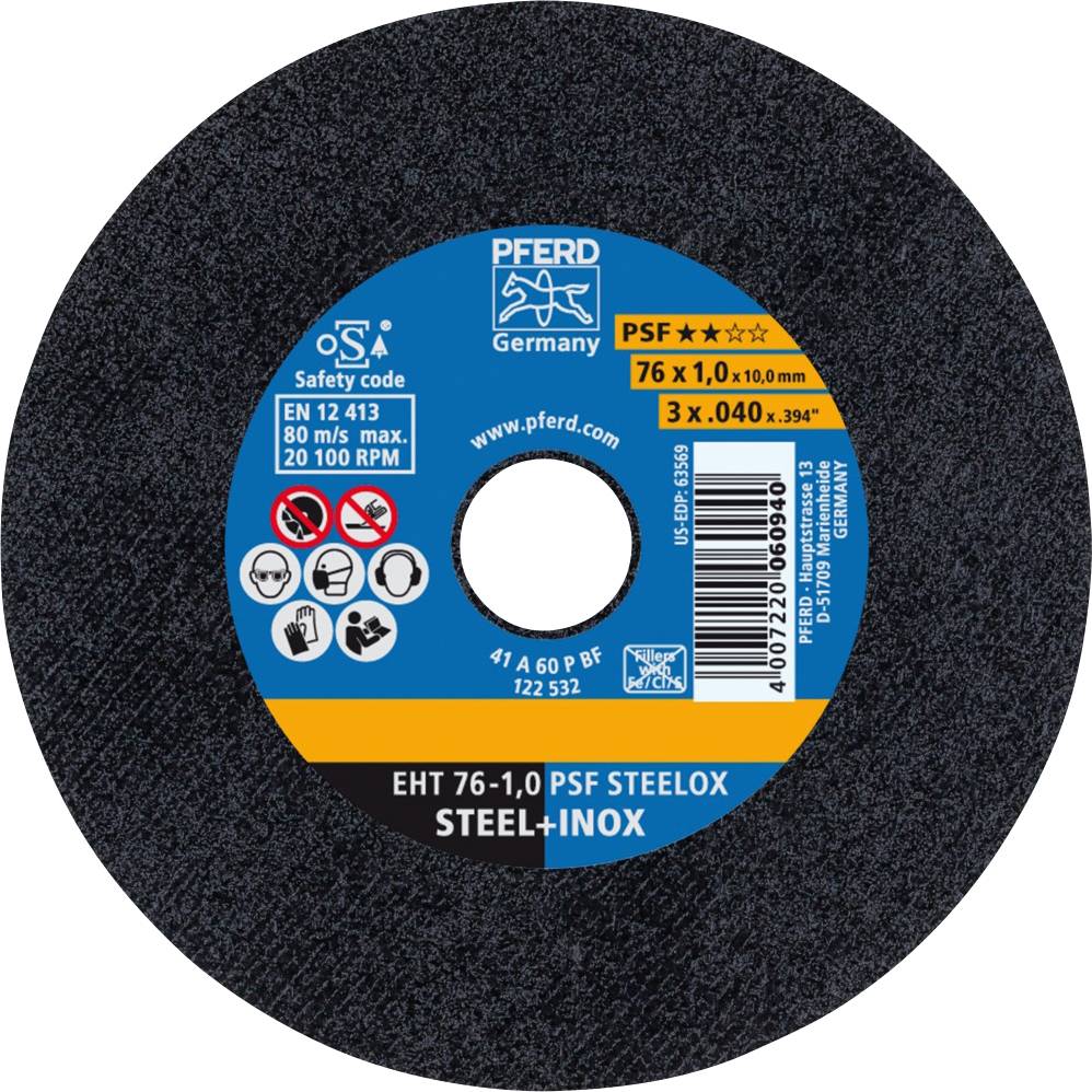 'Brusna ploča s natpisom: PFERD Njemačka, PSF Steelox, 76x1,0 mm. Za čelik i nerđajući čelik, maks. 80 m/s, 20.100 o/min, Norma EN 12413.'